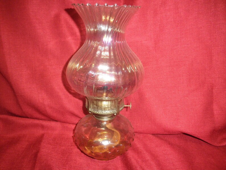 Oil Lamp With Carnival Glass Top And Hobnob Bottom