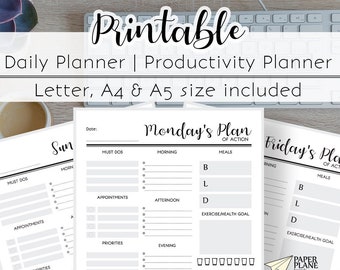 Printable Daily Planner | A5 A4 & US Letter Planner | Day Planner | Work Planner | Daily Planner | Productivity Planner