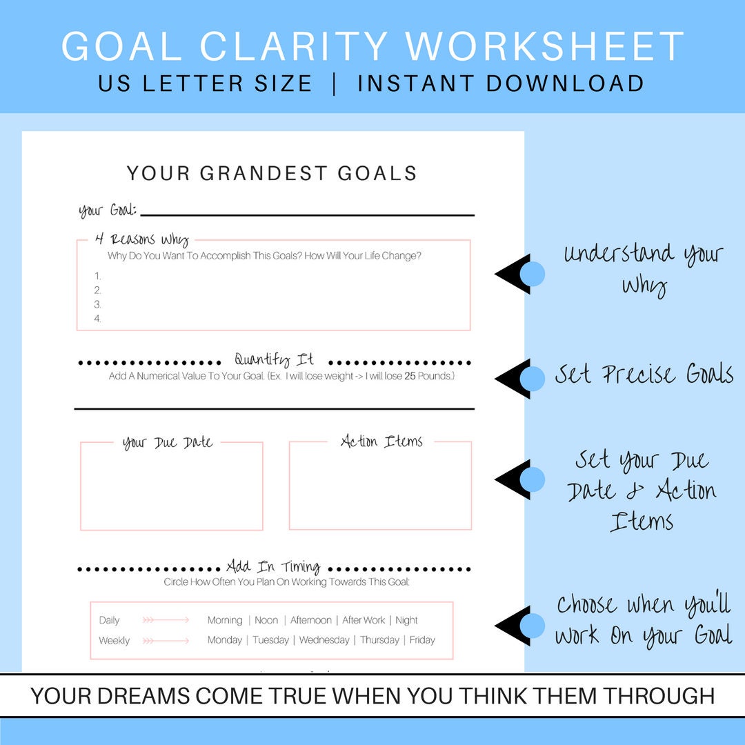 Goal Setting Worksheet | Goal Clarity Guide | Goal Outline | Goal Planning Worksheet | Life Goals Planner | New Year Resolution Planner