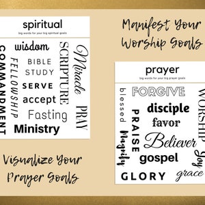 Pu&ograve; includere: Due carte bianche con testo nero. La carta a sinistra contiene le parole "spiritual", "wisdom", "commandment", "fellowship", "bible", "study", "serve", "accept", "fasting", "ministry", "scripture", "miracle", e "pray". La carta a destra contiene le parole "manifest your worship goals", "prayer", "forgive", "worship", "joy", "disciple", "favor", "believer", "gospel", "glory", "grace", "blessed", "magnify", e "praise".