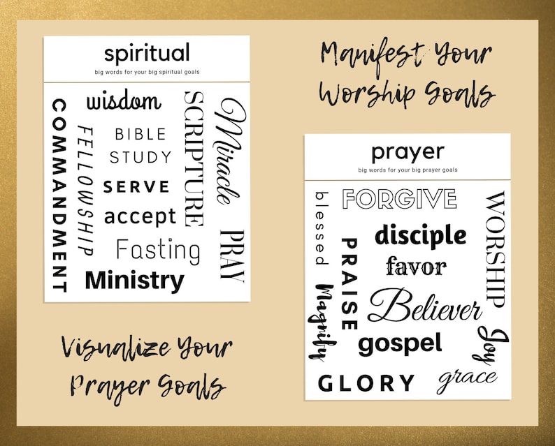 Pu&ograve; includere: Due carte bianche con testo nero. La carta a sinistra contiene le parole "spiritual", "wisdom", "commandment", "fellowship", "bible", "study", "serve", "accept", "fasting", "ministry", "scripture", "miracle", e "pray". La carta a destra contiene le parole "manifest your worship goals", "prayer", "forgive", "worship", "joy", "disciple", "favor", "believer", "gospel", "glory", "grace", "blessed", "magnify", e "praise".