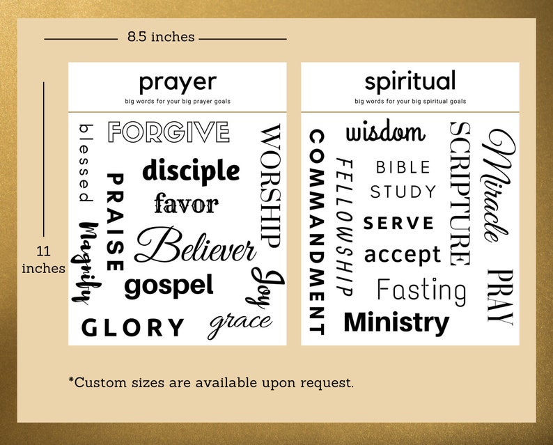 Pu&ograve; includere: Due carte bianche con testo nero. La carta a sinistra ha le parole "prayer", "forgive", "disciple", "believer", "gospel" e "glory" stampate su di essa. La carta a destra ha le parole "spiritual", "wisdom", "bible", "study", "serve", "accept", "fasting" e "ministry" stampate su di essa. Entrambe le carte misurano 8,5 pollici di larghezza e 11 pollici di altezza.