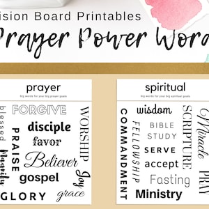 Pu&ograve; includere: Due fogli stampabili di vision board con testo nero su sfondo bianco. Il primo foglio ha le parole "preghiera" e "spirituale" in alto. Il secondo foglio ha le parole "parole di potere della preghiera" in alto. Entrambi i fogli hanno un elenco di parole relative alla preghiera e alla spiritualit&agrave;.