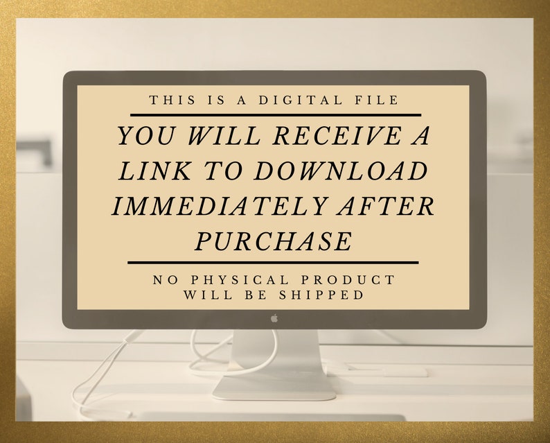 Pu&ograve; includere: Uno schermo di computer con uno sfondo beige mostra il testo "THIS IS A DIGITAL FILE YOU WILL RECEIVE A LINK TO DOWNLOAD IMMEDIATELY AFTER PURCHASE NO PHYSICAL PRODUCT WILL BE SHIPPED".