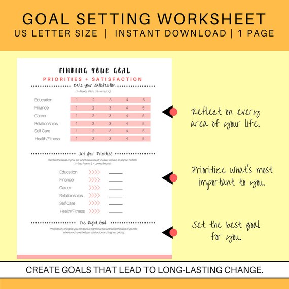 Goal Setting Worksheet: set goals | achievement planner | self help worksheet | goals printable | goals sheet | goals template