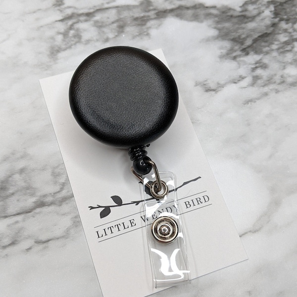 Black Faux Leather Covered Button Retractable Badge Reel