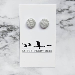 Gray Herringbone Fabric Covered Button Stud Earrings