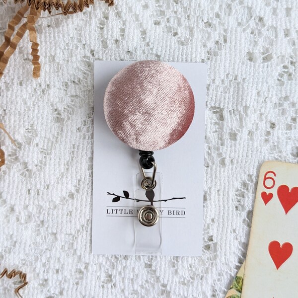 Pink Crushed Velvet Fabric Covered Button Badge Reel