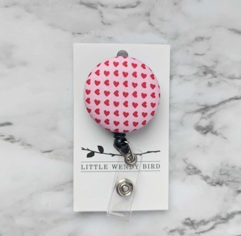 Tiny Hearts Fabric Covered Button Badge Reel