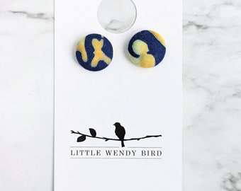 Watercolor Fabric Covered Button Stud Earrings