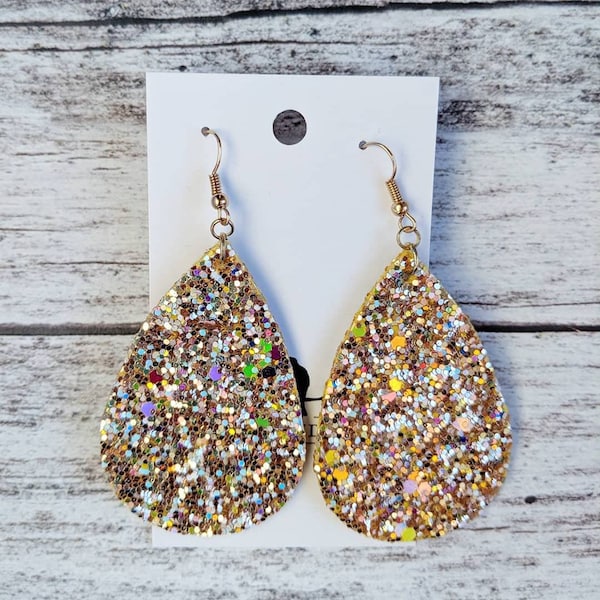 Gold Sparkle Faux Leather Teardrop Earrings