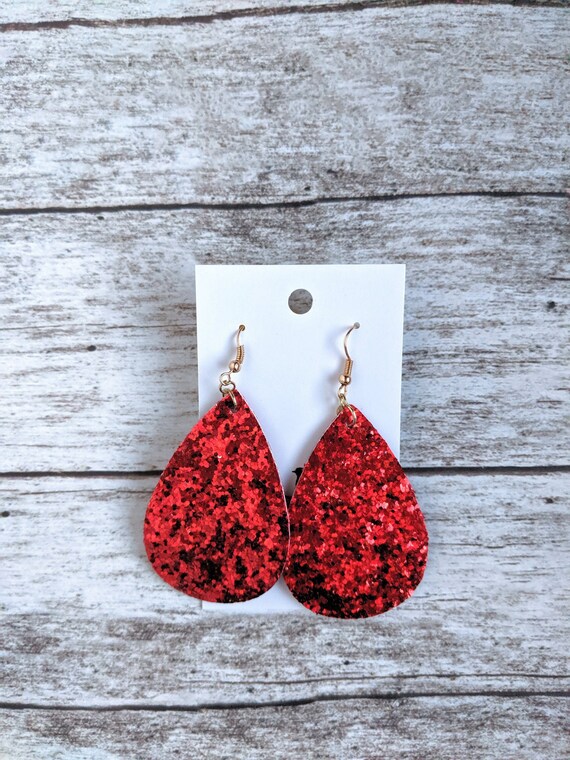 Red Sparkle Faux Leather Teardrop Earrings