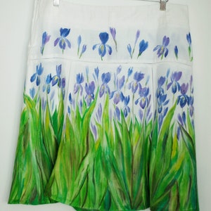 Hand-painted 100% ramie skirt with irises, US 14, UK 18, EUR 46