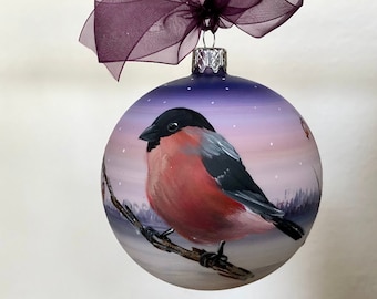 Huge hand-painted glass Xmas bauble 10 cm / 3.94 " - bullfinch