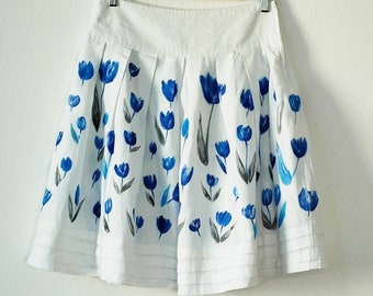 Hand-painted 100% linen skirt with tulips size 38 (US 6)