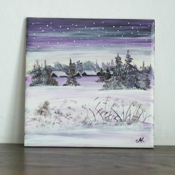 Hand-painted tile with winter theme
