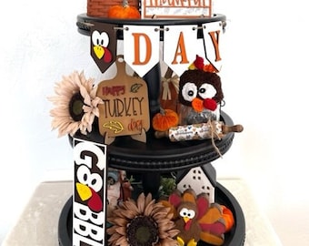 Gobble Turkey tier tray- Thanksgiving 3D mini signs- Happy Turkey Day -Thankful- Fall decor - tier tray decor