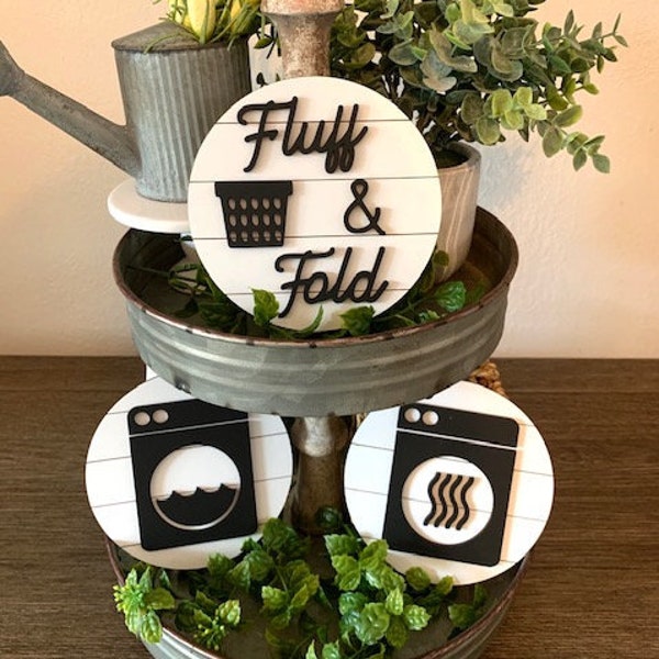 Washer / Dryer tray signs - Laundry room 3D mini signs, Washer - Dryer - Fluff & Fold- tier tray decor