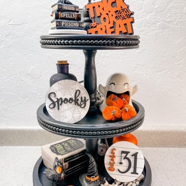 Mini carteles de Halloween - 31 de octubre - Espeluznante - Telaraña - Truco o trato - Decoración de bandejas escalonadas