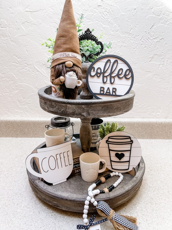 Coffee Themed Tiered Tray Decor Farmhouse Wooden Coffee Bar Signs Coffee  Bar Accessories Decor for Home