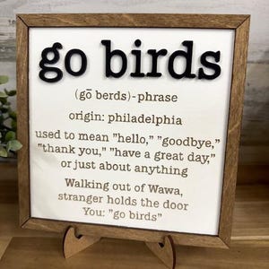 May include: A framed sign with the phrase "go birds" in bold, black letters. The sign includes a definition, origin, and usage examples. The frame is a dark brown color, and the sign is supported by a wooden stand.