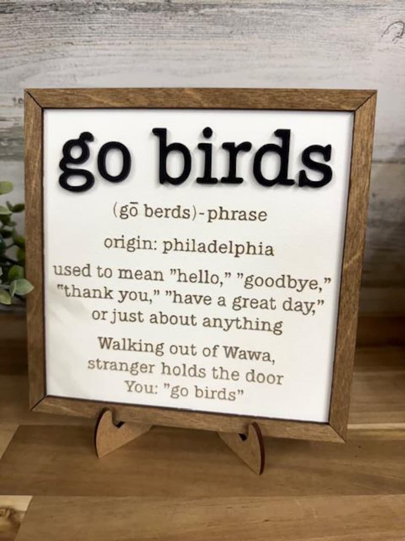 May include: A framed sign with the phrase "go birds" in bold, black letters. The sign includes a definition, origin, and usage examples. The frame is a dark brown color, and the sign is supported by a wooden stand.