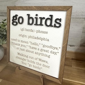 May include: A framed sign with the phrase "go birds" in bold, black letters. The sign includes a definition, origin, and usage examples. The frame is a light brown color, and the sign is propped up on a wooden stand.