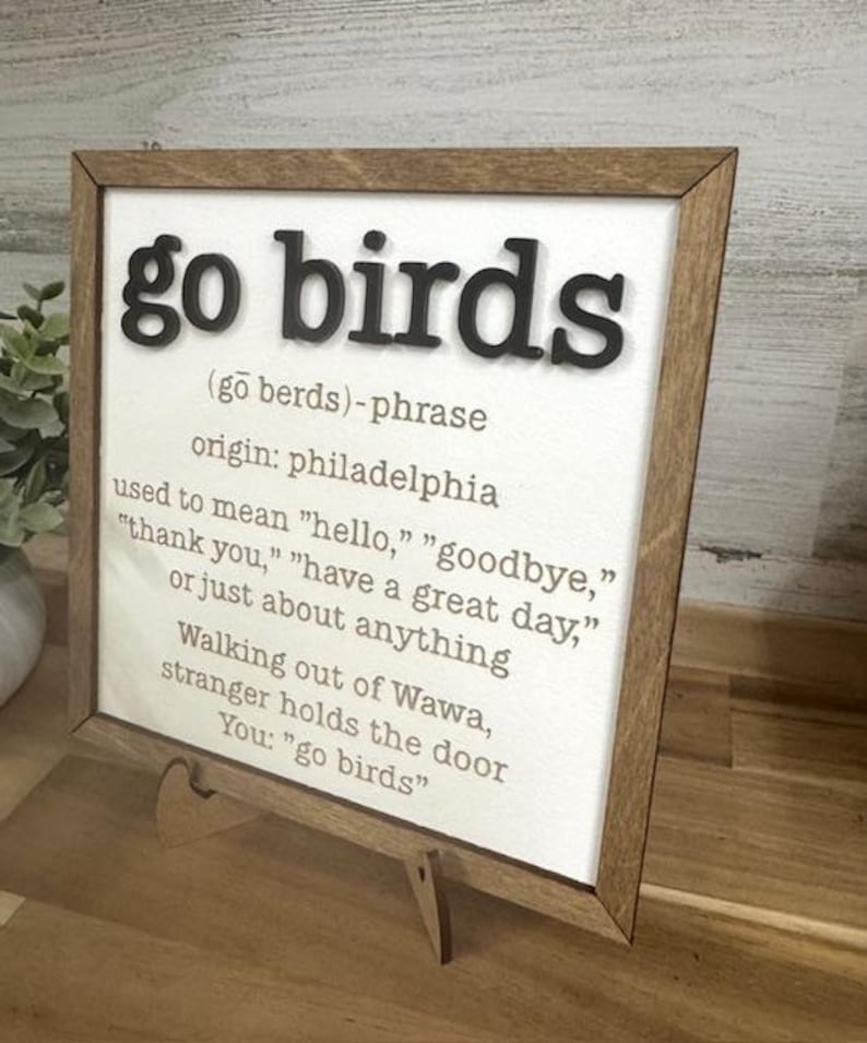 May include: A framed sign with the phrase "go birds" in bold, black letters. The sign includes a definition, origin, and usage examples. The frame is a light brown color, and the sign is propped up on a wooden stand.