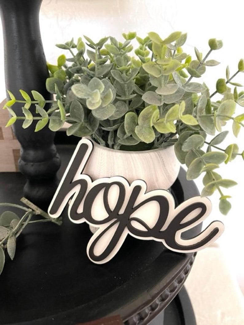 Op de afbeelding: Een zwart-wit houten bord met het woord "hope" in cursief. Het staat op een zwart oppervlak, met een kleine witte keramische pot gevuld met groene bladeren op de achtergrond. Het bord is een decoratief item.