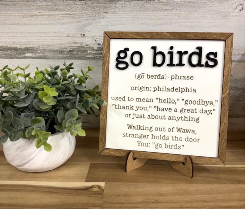 May include: A wooden framed sign with the words "go birds" in bold black letters. The sign includes a definition of the phrase, its origin, and usage. A small potted plant sits to the left of the sign.