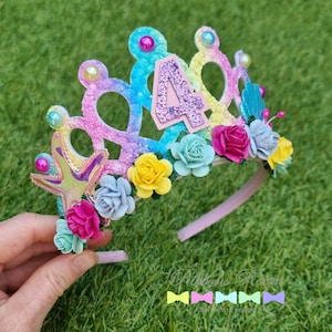 Mermaid Birthday Crown: Glitter Fabric Tiara with Flowers