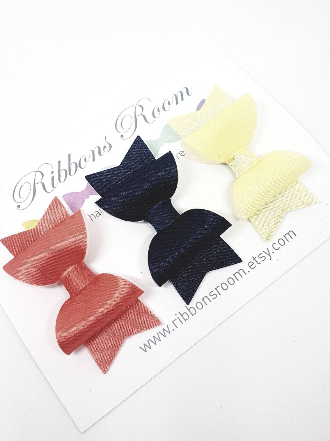 Small Baby Toddler Girls Satin Navy Lemon Peach Hair Bows