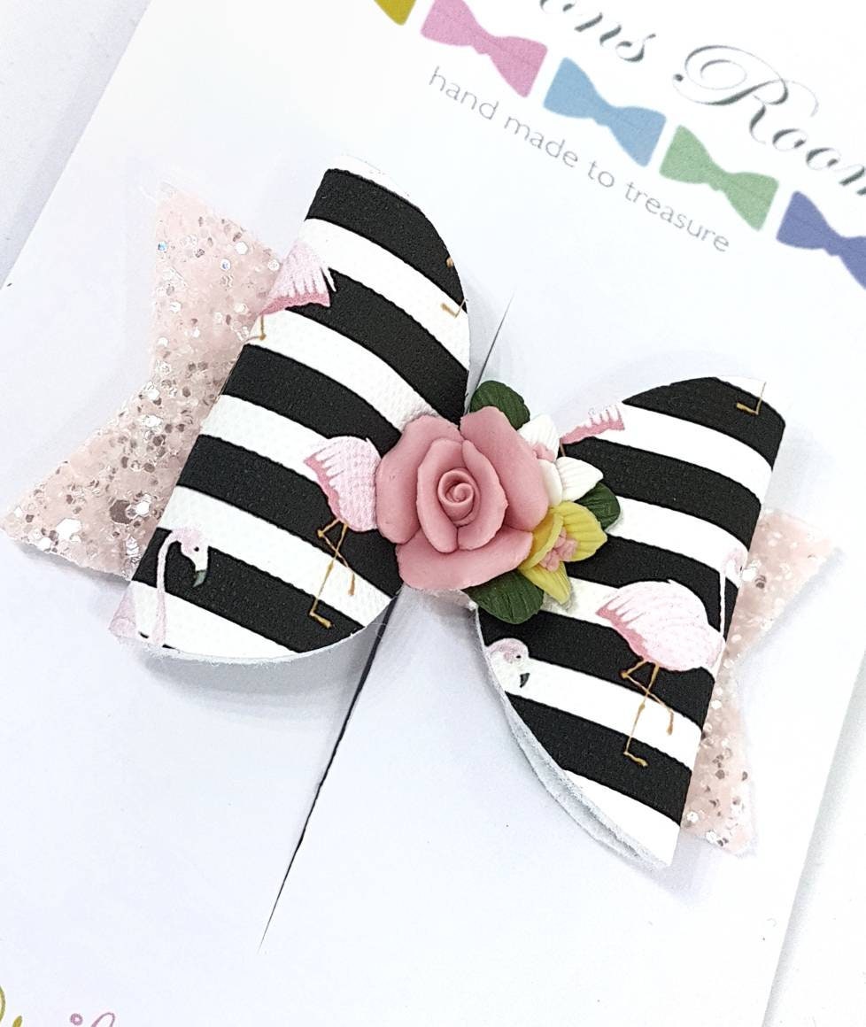 Black & White Hair Bow, Flamingo Bows, Striped Holiday Little Girl Accessories