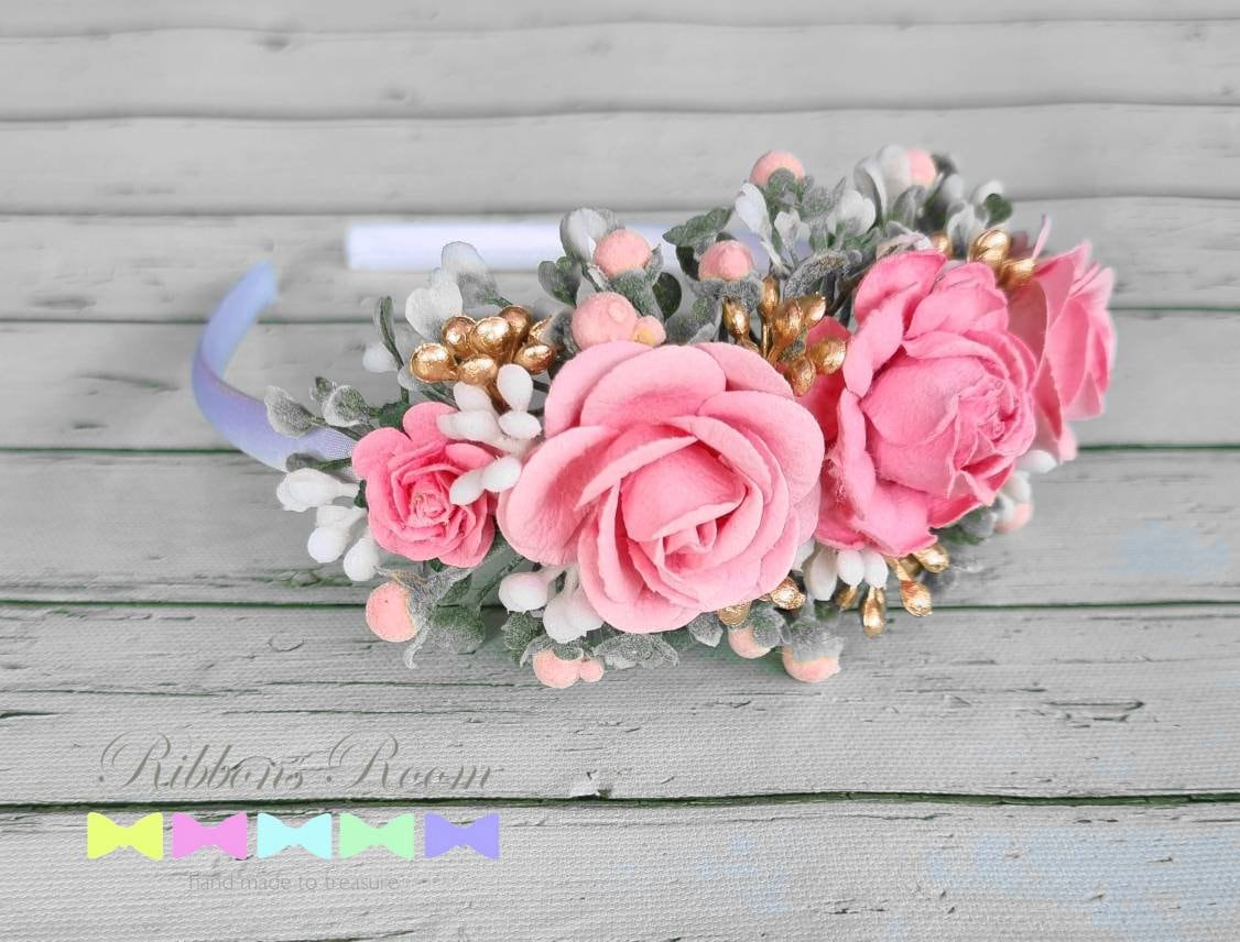 Wedding Headband, Pink Alice Band, Flower Bridesmaids Hair, Wedding Crown, Girl Headband/Dress, Floral Band