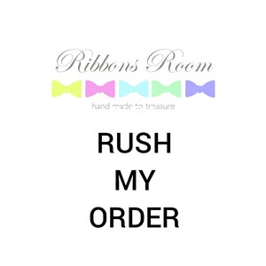 May include: A white background with the text "Ribbons Room" in a cursive font. Below the text are five colourful bows in yellow, pink, light blue, green, and purple. Below the bows is the text "hand made to treasure". Below that is the text "RUSH MY ORDER" in black.