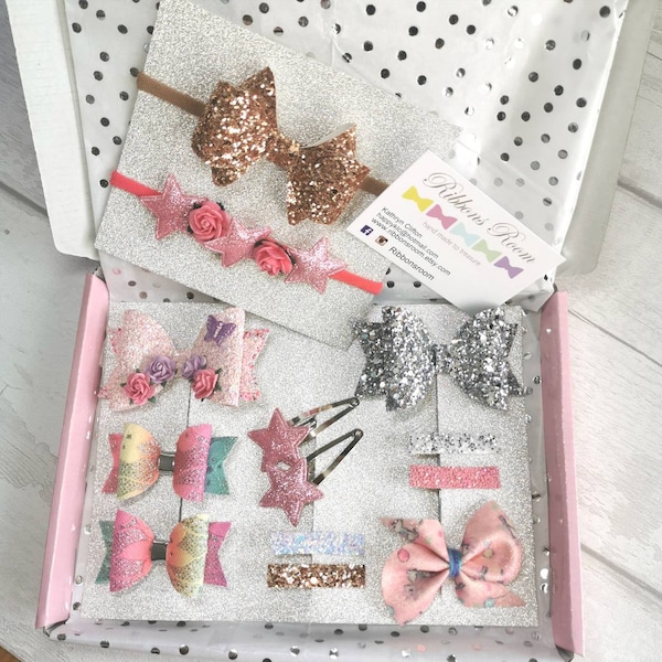 Box of Hair bows, birthday/christmas gifts for girls, personalised gifts, stocking fillers, surprise box of bows, gifts for girls, Hair bows