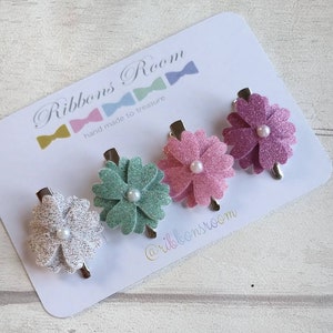 Glitter Flower Hair Clips: Pastel Cotton Baby Hair Bows - Set of 4