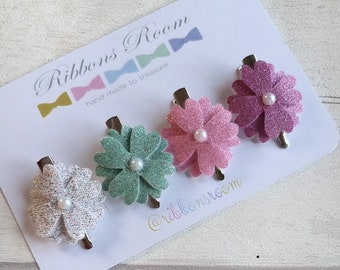 Glitter Flower Hair Clips: Pastel Cotton Baby Hair Bows - Set of 4