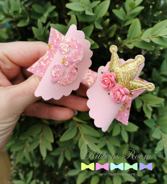 Princess Birthday Hair Bow: Pink Glitter Crown, Number Age