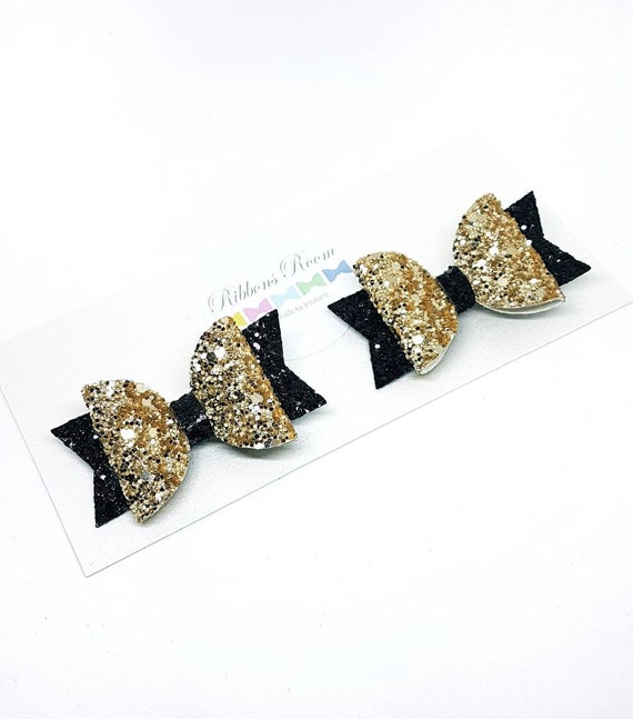 Glitter Hair Bows: Black & Gold Baby Clips, Twin Set - Etsy display picture 1