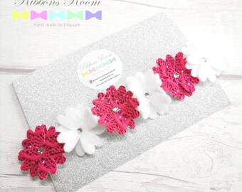 Pink & White Daisy Flower Headband: Rhinestone Flower Girl Hair Accessory
