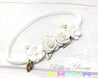Weiß und Gold Blumenkrone Stirnband: Baby Taufstirnband
