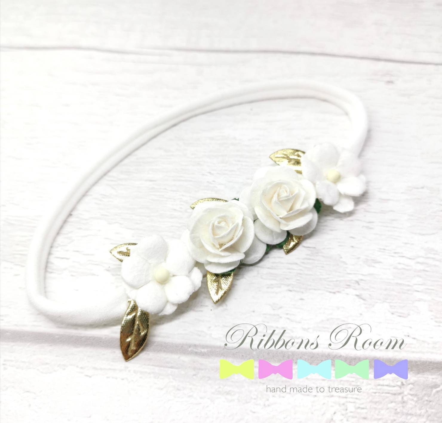 White & Gold Flower Crown Headband, Christening Baby White Girl Bridesmaid Headband