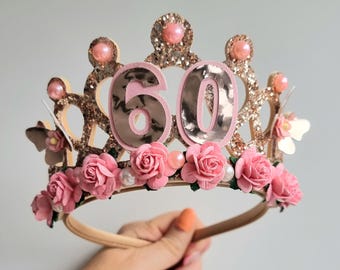 60th Birthday tiara, rose gold and pink tiara, 18th, 21st, 30th, 40th, 50th, 70th, 80th, 90th birthday crown, adult tiara, any age tiara