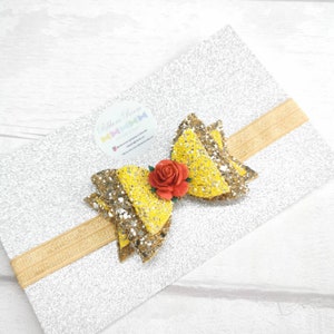 Princess Glitter Bow Headband: Yellow & Gold with Red Rose
