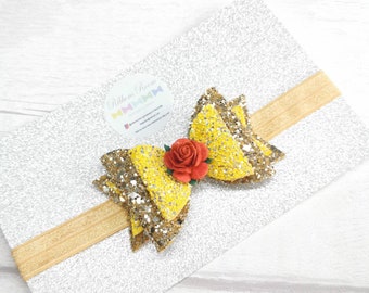 Arc de bandeau de princesse, arcs de cheveux de bébé princesse, bandeau jaune et rouge, arc de cheveux de bébé, déguisement de princesse, bandeau à paillettes