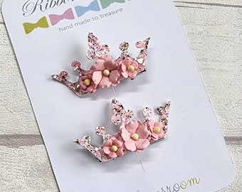 Pink princess pig tail hair clips, pink hair bows, Baby hair clips, Princess hair clips, fringe clips, princess tiara, glitter hair bows
