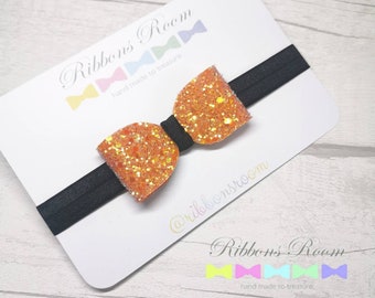 Orange Glitter Bow Halloween Headband: Black Satin Band