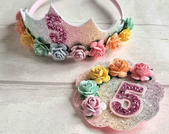 Rainbow Birthday Tiara and Badge Set, Floral Princess Crown