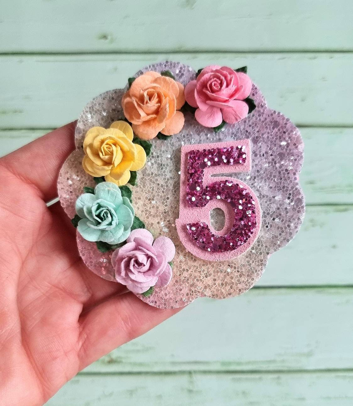 Birthday Badge, Rainbow Birthday Cake Smash Prop, Girls 5Th Glitter Badge